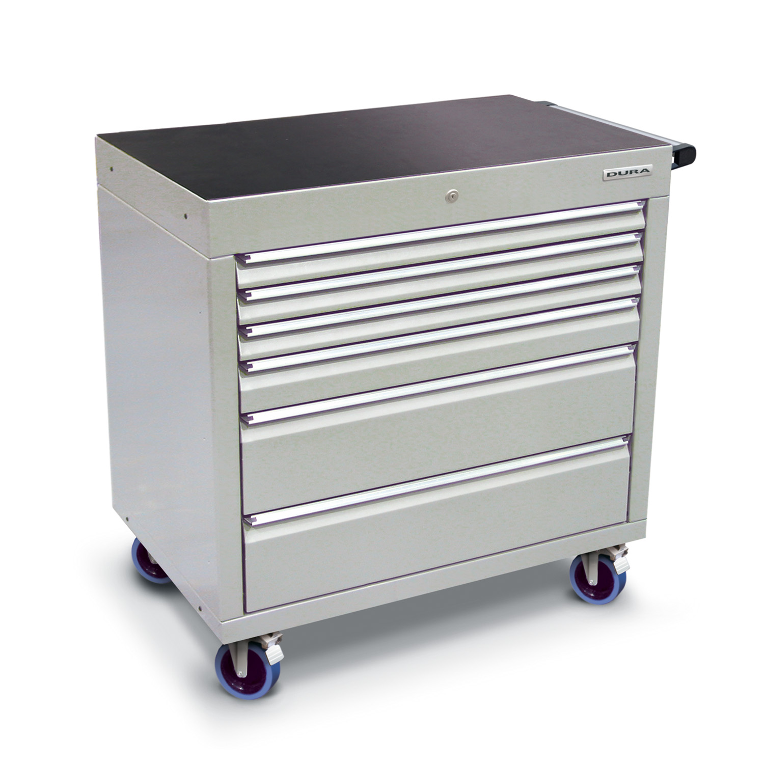 900 series cabinet with 6 drawers (3 slim, 1 medium, 2 large) and castors